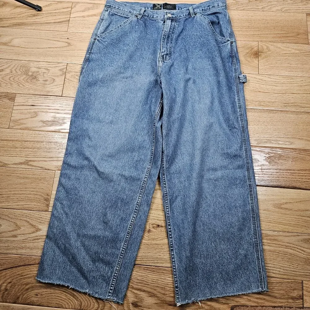 Y2K Wide Leg SkaterJeans 36x27 raw hem Super Baggy Faded sand blast